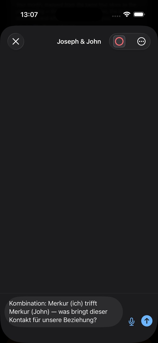 Der Chat, geöffnet auf einer Merkur–Merkur-Kombination, die Frage bereits im Eingabefeld.